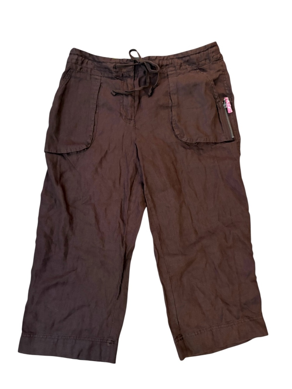 Style & Co. 100% Linen Relaxed Cocoa Brown Drawstring Capris Cargo Pockets 12